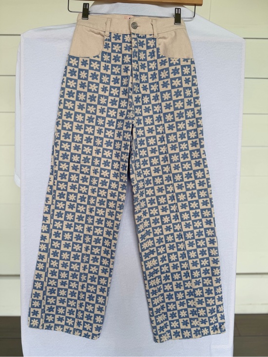 Lisa Says Gah Denim - Lisa says Gah Blue Floral Checkerboard Jeans Sz25 wide leg High rise Daisy Denim